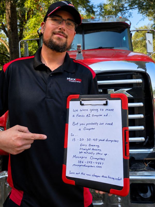 Muckpro owner holding a handwritten ad in front of the Mack truck